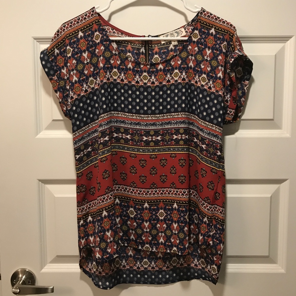 Blue and orange floral stripe pattern top blouse